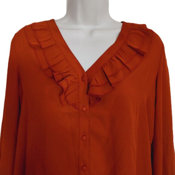 Nanette Lepore Blouse Womens Small Brown Long Sleeve V-Neck Ruffle Collar - Picture 12 of 13